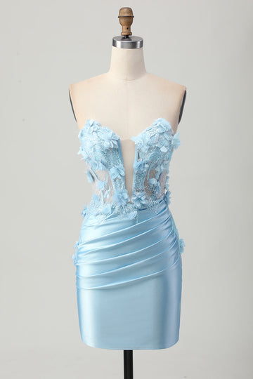 Sky Blue Satin Bodycon Strapless Homecoming Dress with Appliques